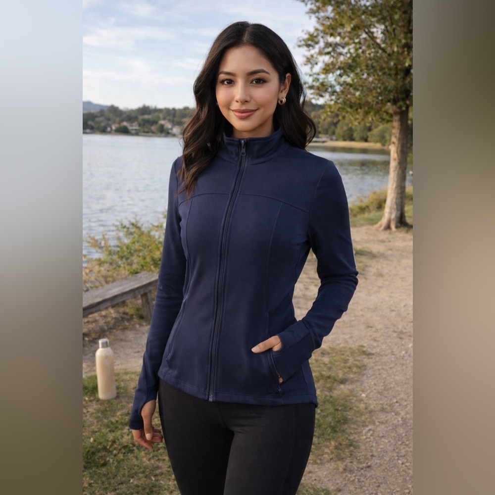 Navy Blue Performance Zip-Up Jacket Thumb Holes Zipper Pockets XS